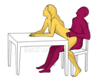 Sex position #351 - Appetite (on the table). (cowgirl, woman on top, from behind, sitting). Kamasutra - Photo, picture, image